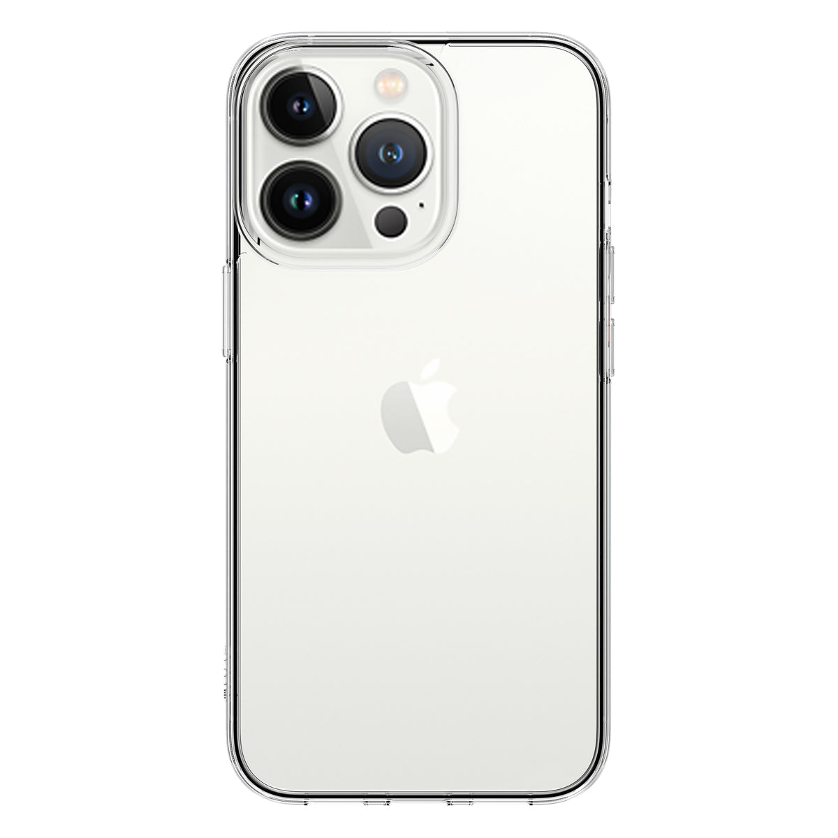 Back view of a clear iPhone 13 Pro case showcasing the phone’s original design. The case features precise cutouts for the triple camera system, raised edges for extra protection, and easy access to the side buttons, offering a sleek and minimalist look.