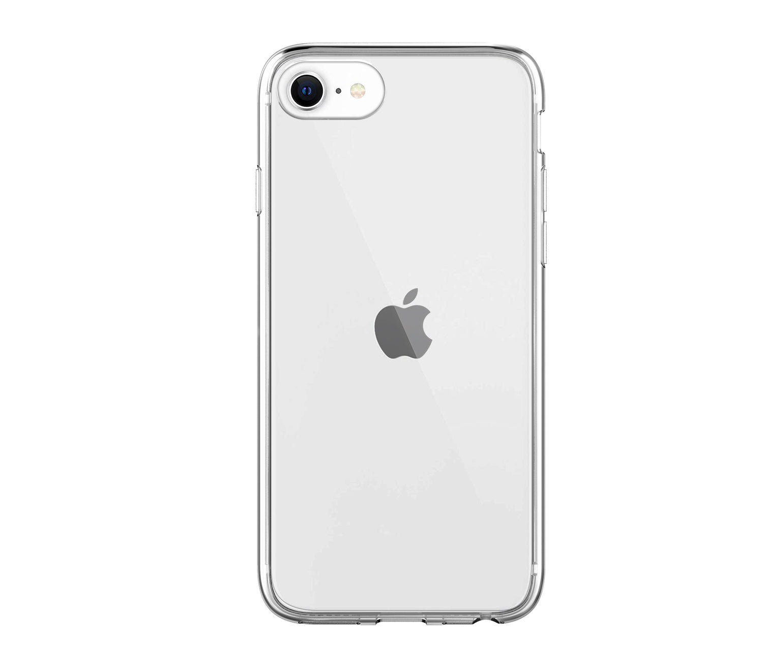 Clear protective case on an iPhone SE (2nd or 3rd generation), showing the Apple logo through the transparent back. The case offers precise cutouts for the camera and flash, maintaining the phone's sleek design while providing essential protection.