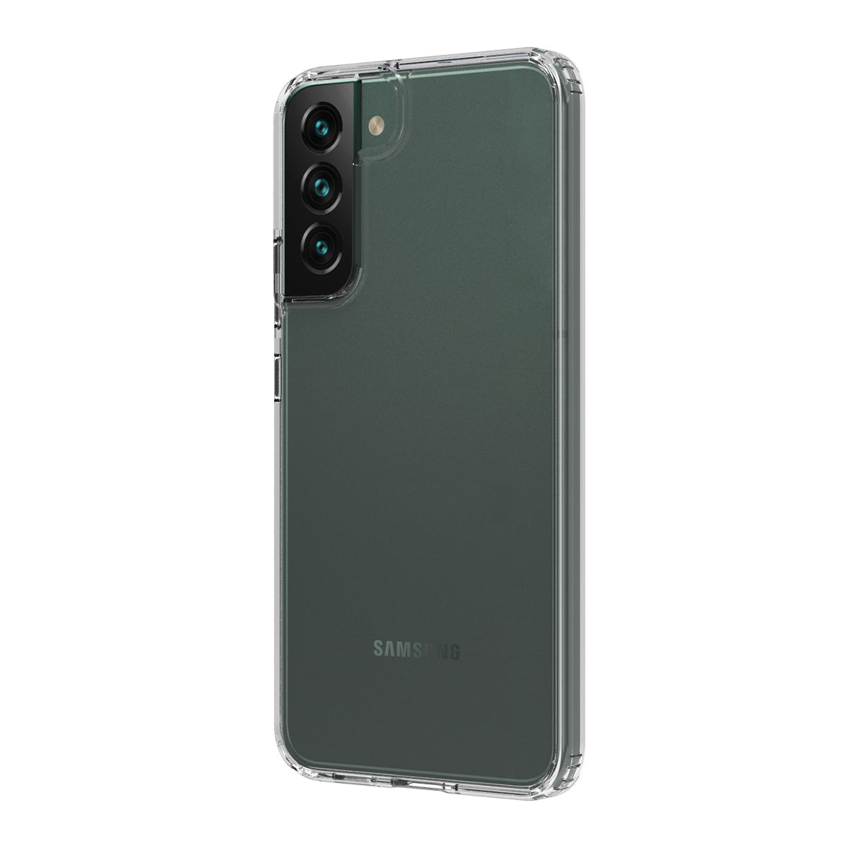 This image shows a Samsung Galaxy S22+ encased in a clear, protective QDOS Hybrid case. The transparent design highlights the phone's green back, with precise cutouts around the triple-camera system and flash for full functionality.