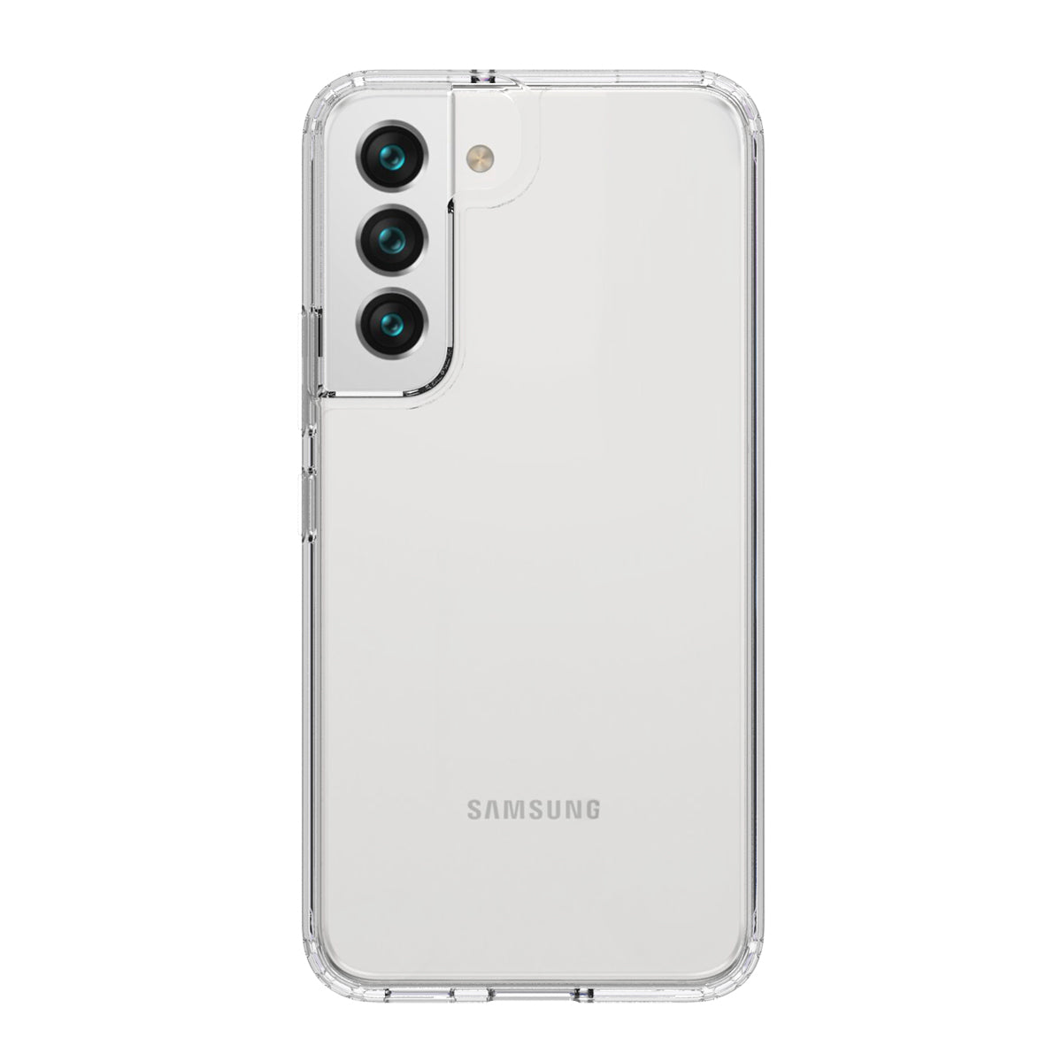 This image shows a Samsung Galaxy S22 in a clear, transparent QDOS Hybrid case. The case reveals the phone's sleek design, with emphasis on the triple-camera setup and minimalist aesthetic while offering protection.