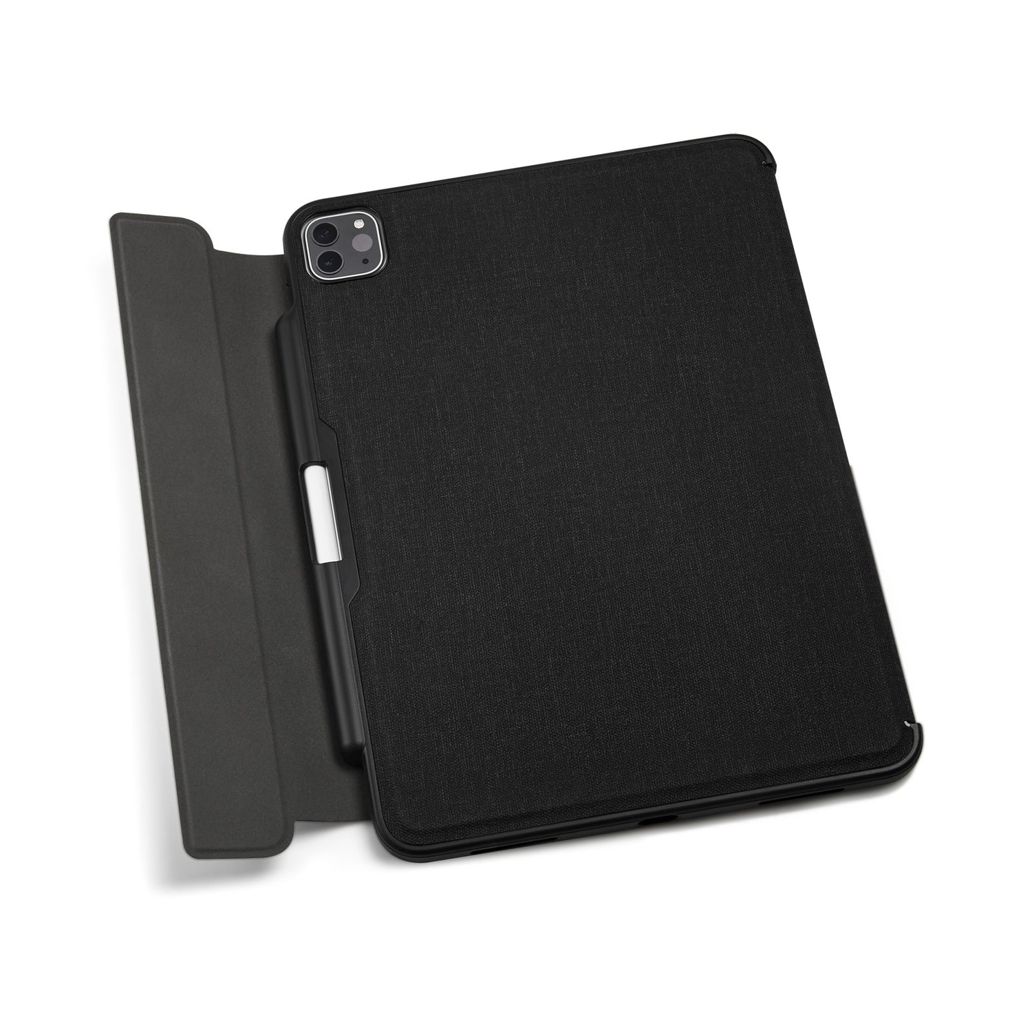 Black tablet case with a foldable cover partially open, revealing the rear camera of an iPad Pro 12.9". The case features a slot for the Apple Pencil and provides a sleek, protective design, perfect for daily use and travel.