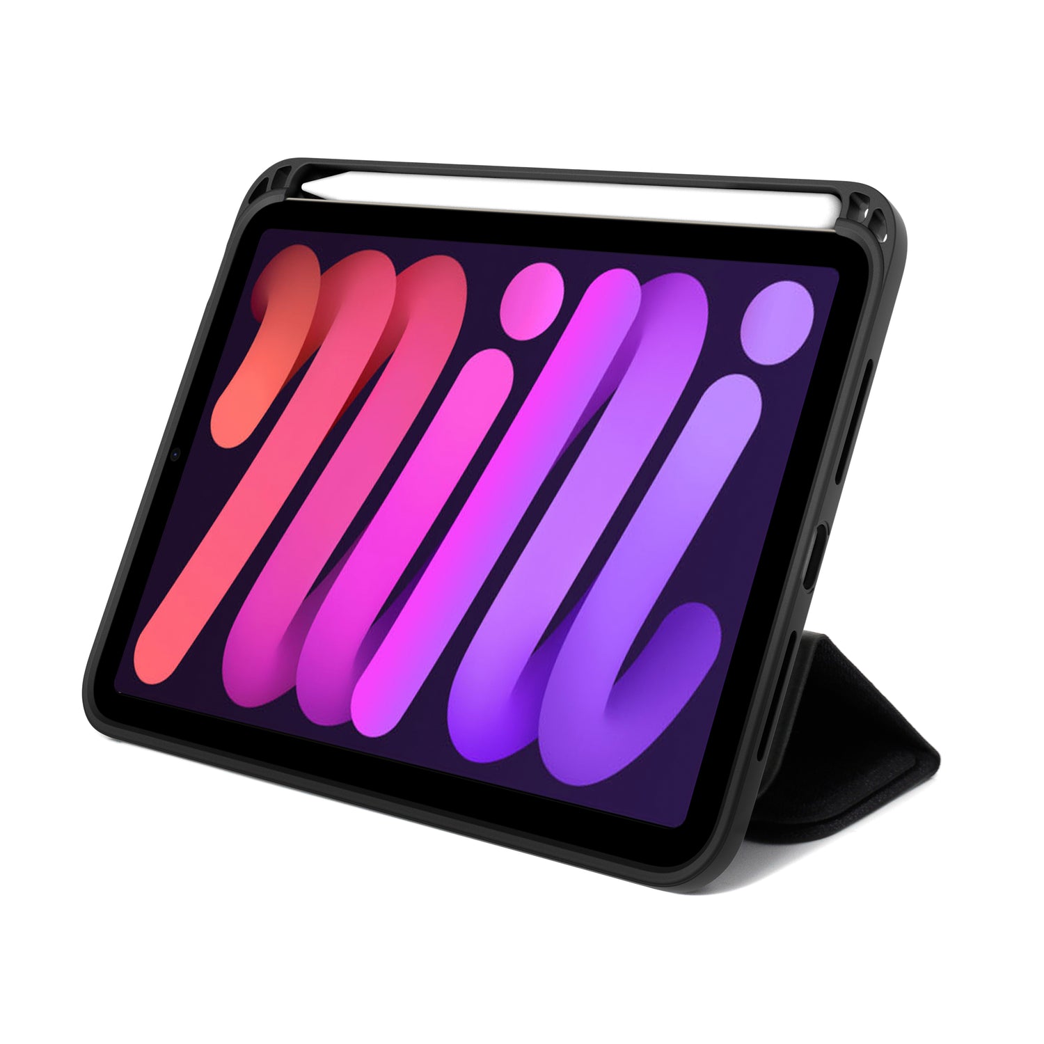 iPad Mini 6 displayed in landscape mode with a foldable stand case. The case has a black frame and a sleek design, offering support and protection. The screen shows a vibrant, colorful 'mini' graphic with an attached Apple Pencil on top.