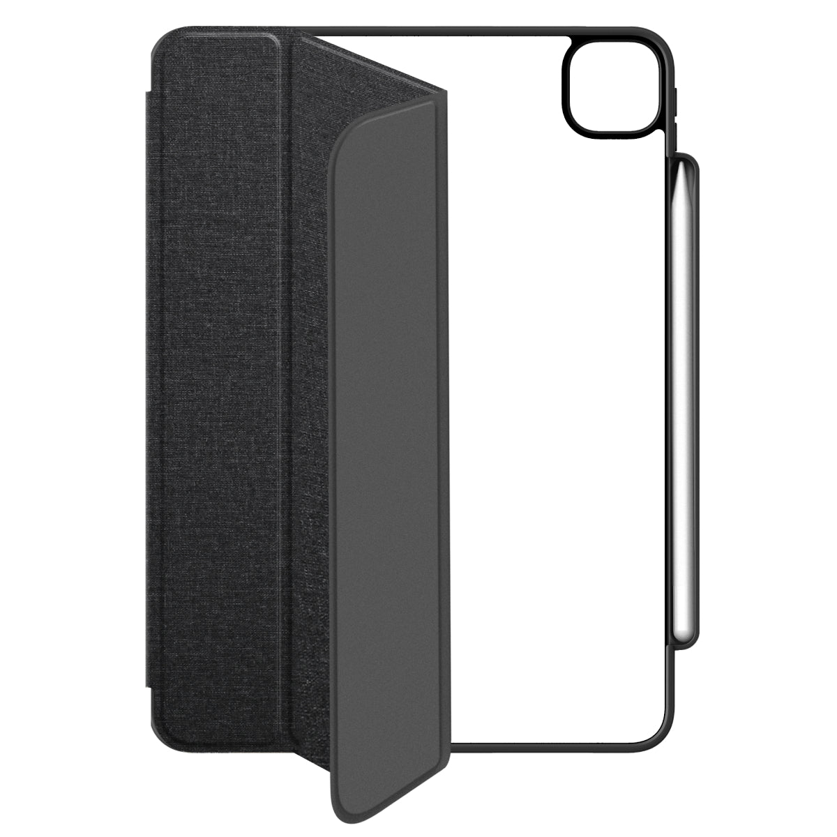 Black iPad Air 11 inch case with a clear back, featuring a built-in slot for an Apple Pencil. The case includes a foldable cover for screen protection, designed for compatibility with iPads. The cover material has a textured fabric finish.