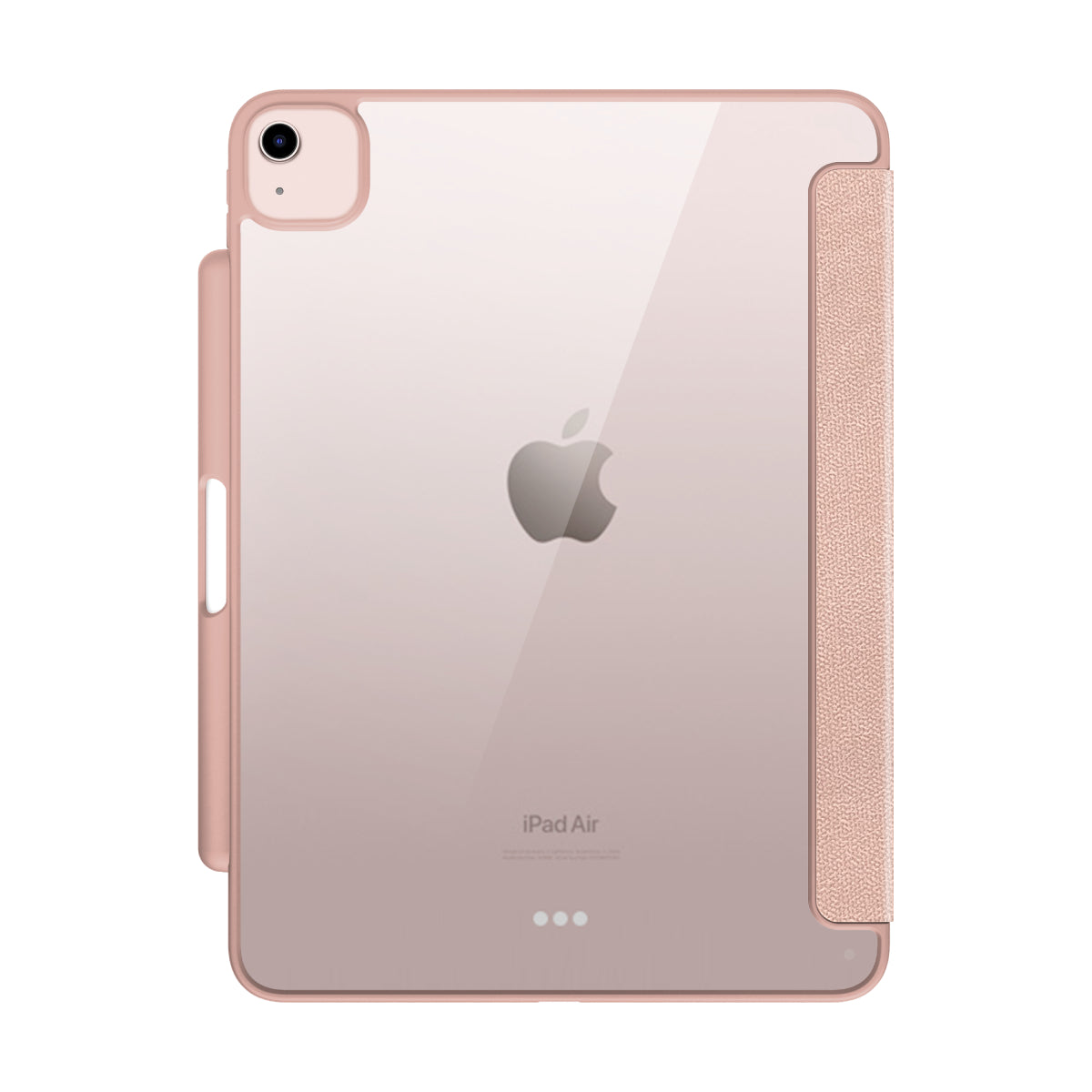 Pink tablet case with a clear back, showcasing the Apple logo on the iPad Air. The case features a side slot for an Apple Pencil and a textured foldable cover for added protection and convenience.