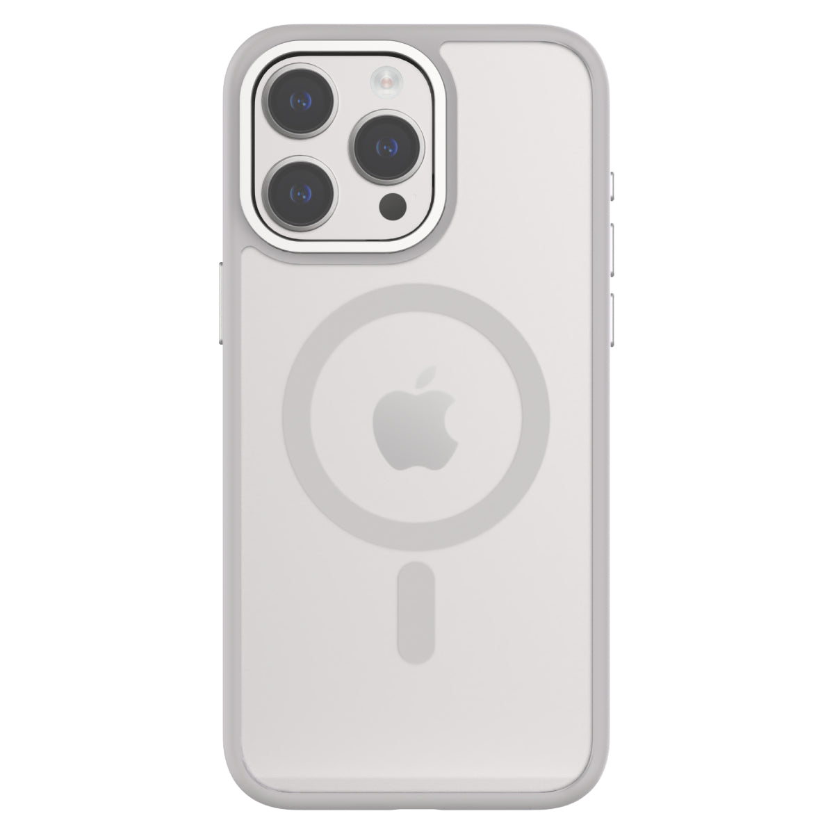 Back view of a clear iPhone 15 Pro case featuring a MagSafe-compatible ring. The case has precise cutouts for the triple camera system, raised edges for enhanced protection, and easy access to side buttons, showcasing the phone's natural color.