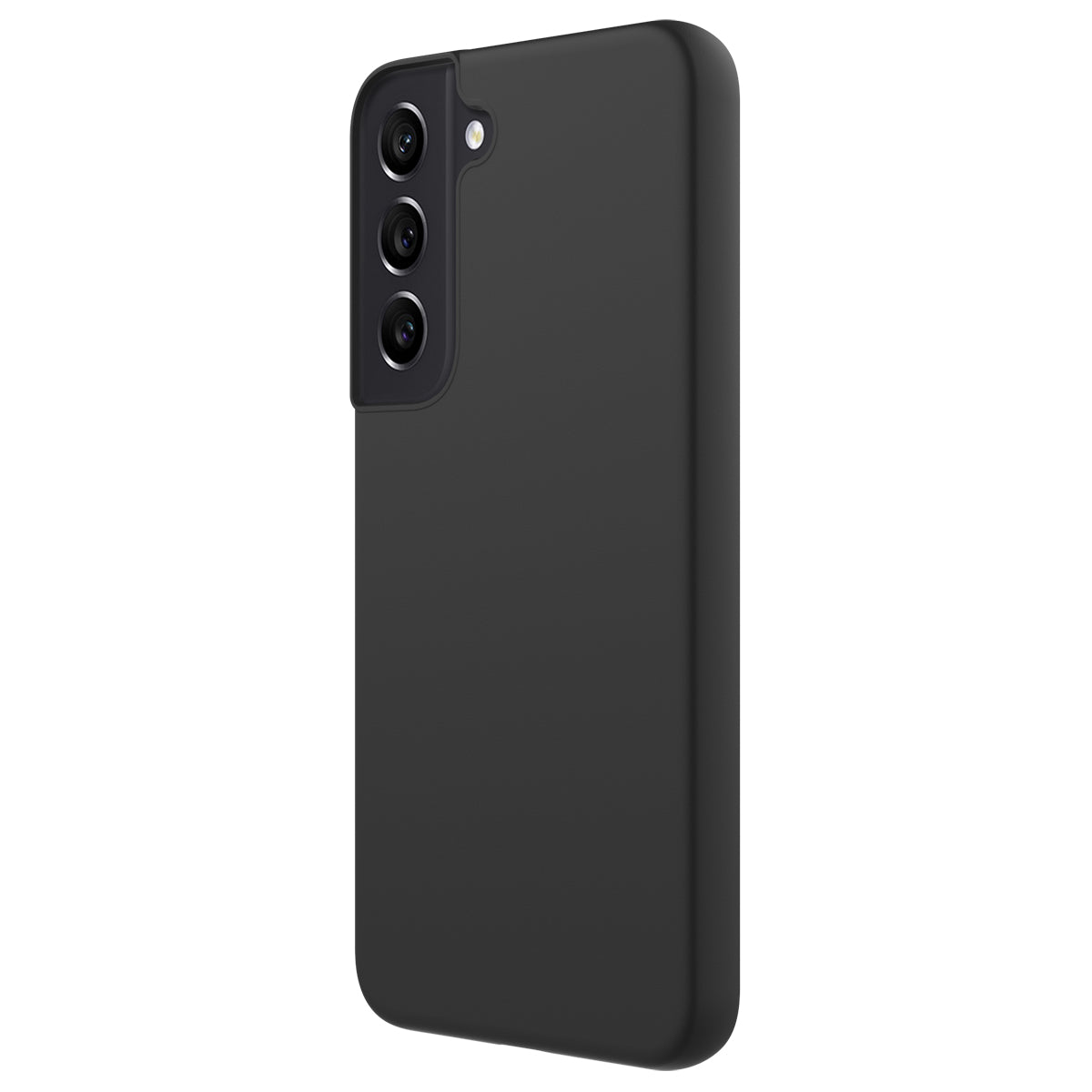 This image shows a Samsung Galaxy S22 inside a sleek, matte black QDOS TOUCH case. The case wraps around the phone, covering the back and sides while leaving precise cutouts for the triple-camera system and flash, offering protection and style.