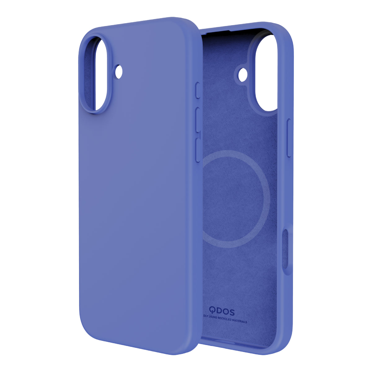 Back and interior view of a blue iPhone 16 Plus case with a soft matte finish. The interior shows a MagSafe-compatible ring and the QDOS logo, highlighting the use of recycled materials. The case features precise cutouts for the camera and side buttons.