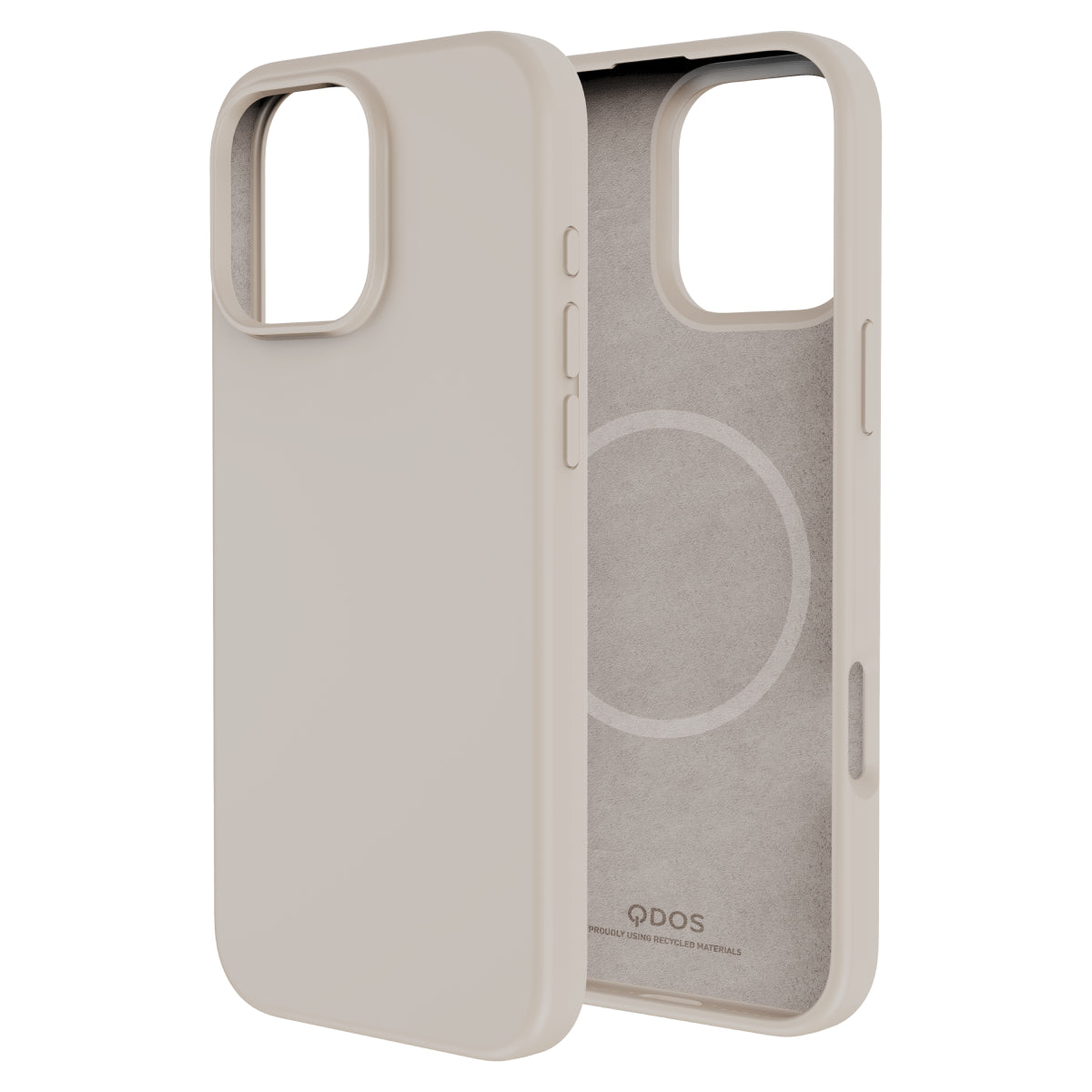 Back and interior view of a beige iPhone 16 Pro Max case with a soft matte finish. The interior shows a MagSafe ring and QDOS branding, emphasizing recycled materials. The case includes precise cutouts for the camera, side buttons, and charging port.