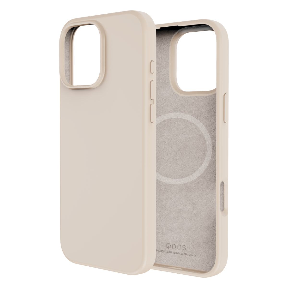 Back and interior view of a beige iPhone 16 Pro case with a smooth matte finish. The interior features a MagSafe ring and the QDOS logo, indicating the use of recycled materials. The case includes precise cutouts for the camera and side buttons.