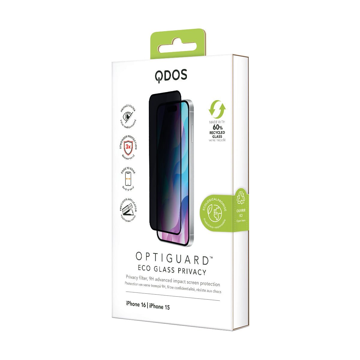 OptiGuard Eco Glass Privacy - iPhone 16 / iPhone 15 Privacy Screen Protector - Privacy Black