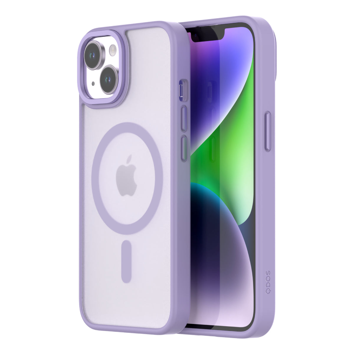 iPhone 14/13 Hybrid Soft + Snap protective case from QDOS in Lavender color TPU frame and clear polycarbonate back showing front and back