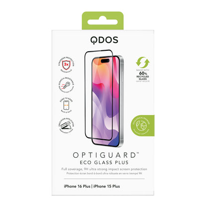 OptiGuard Eco Glass Plus - iPhone 16 Plus / iPhone 15 Plus Screen Protector - Clear / Black Frame