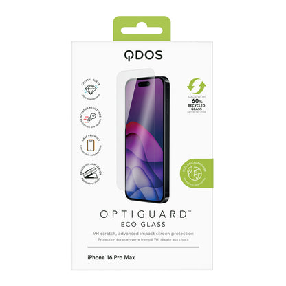 OptiGuard Eco Glass - Apple iPhone 16 Pro Max Screen Protector - Clear, showcasing product packaging in white