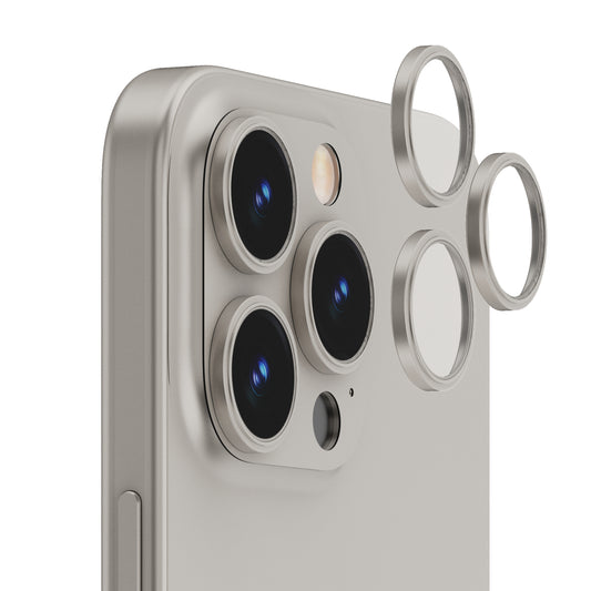 OptiRings - Apple iPhone 16 Pro, iPhone 16 Pro Max Camera Lens Protector - Natural Titanium, Right Angled Close Up View of Camera Lens Protector apply to the Phone