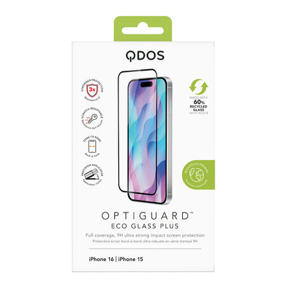 OptiGuard Eco Glass Plus - iPhone 16 / iPhone 15 Screen Protector - Clear / Black Frame