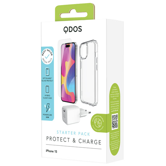 QDOS iPhone 15 Starter pack - packed with clear silicone case, screen protector and 20W GaN wall charger